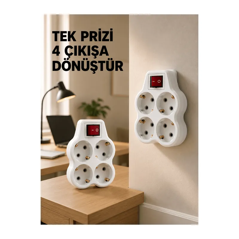 Anahtarlı 4’lü Priz Adaptörü Direkt Duvar Prizine Takılan Priz Çoklayıcı 2’li Set