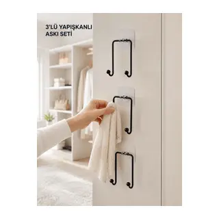 3'lü Duvar Tipi Yapışkanlı Askılık Ev ve Yaşam Alanları İçin Pratik Set