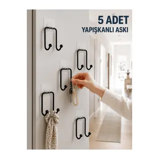5 Adet Yapışkanlı Duvar Askısı Çok Amaçlı Pratik Askılık Seti