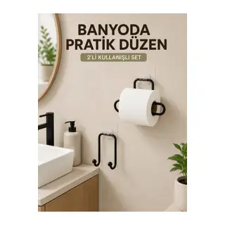 Vidasız Banyo Seti Yapışkanlı Tuvalet Kağıdı Tutucu ve Havlu Askısı 2’li Set