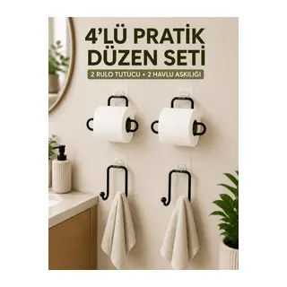 Duvara Yapışkanlı Rulo Kağıtlık ve Havlu Askılığı 2’şer Adet 4’lü Set