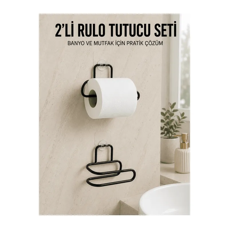 2’li Yapışkanlı Tuvalet Kağıdı Tutucu Siyah Metal Duvar Tipi Rulo Kağıtlık