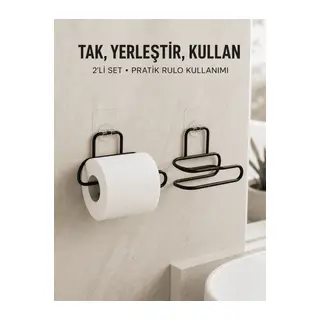 2’li Duvara Yapışkanlı Tuvalet Kağıtlığı Siyah Metal Pratik Rulo Tutucu
