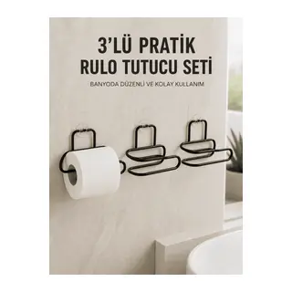 3’lü Yapışkanlı Tuvalet Kağıdı Tutucu Seti Siyah Duvar Tipi Rulo Kağıtlık