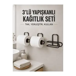 3’lü Siyah Duvar Tipi Kağıtlık Seti Yapışkanlı Pratik Rulo Tutucu