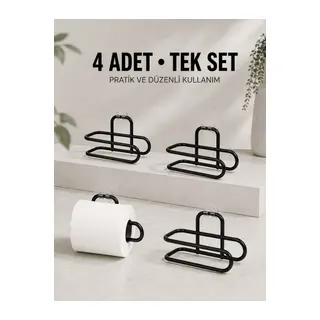 Duvara Yapışkanlı WC Kağıtlık Siyah Metal 4 Adet Tuvalet Kağıdı Rulo Askısı