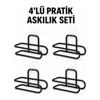 Siyah Metal WC Kağıtlık Yapışkanlı Duvar Tipi Tuvalet Kağıdı Tutucu Seti 4 Adet