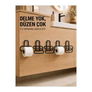 Siyah Metal Tuvalet Kağıdı Tutucu 5’li Set Yapışkanlı Duvar Tipi Banyo WC Askısı