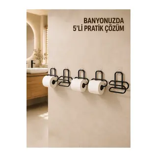 5 Adet Duvara Yapışkanlı WC Kağıtlık Delmeden Montaj Siyah Metal Tuvalet Kağıdı Askısı