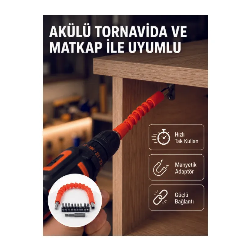 Esnek Bits Uç Seti 12 Parça Manyetik Adaptörlü Matkap Tornavida Aksesuarı