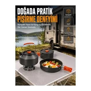 Alüminyum Kamp Pişirme Seti Katlanabilir Kulplu Çaydanlık Tencere Tava Outdoor Yemek Seti