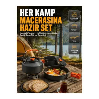 Kamp Mutfak Seti Alüminyum Çaydanlık Tencere Tava Hafif ve Taşınabilir Tasarım