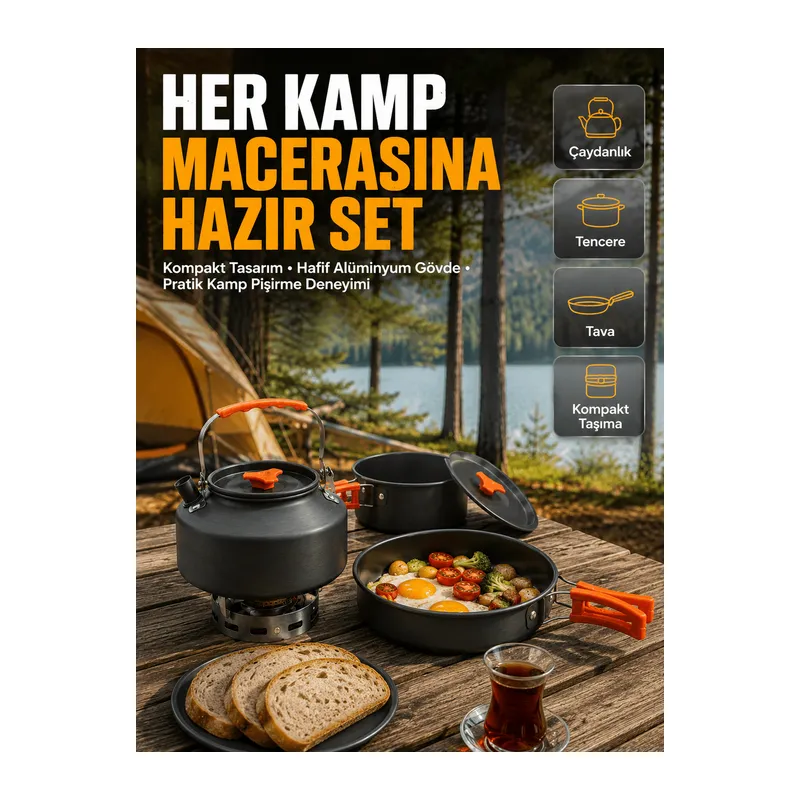 Kamp Mutfak Seti Alüminyum Çaydanlık Tencere Tava Hafif ve Taşınabilir Tasarım