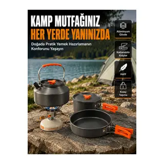 Katlanabilir Kulplu Alüminyum Kamp Tencere Tava Çaydanlık Seti Piknik ve Doğa Kampı İçin