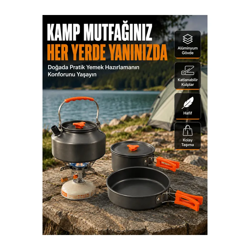 Katlanabilir Kulplu Alüminyum Kamp Tencere Tava Çaydanlık Seti Piknik ve Doğa Kampı İçin
