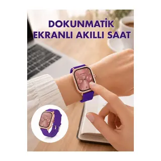 Pembe Mor ve Metal Kordonlu Akıllı Saat Hediye Seti