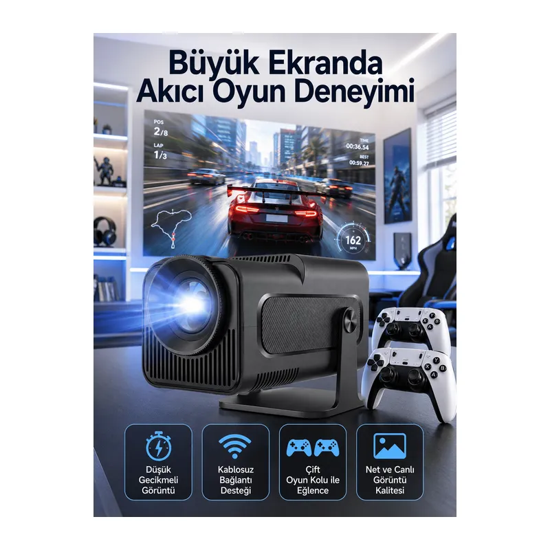 Çift Kollu Game Box Projeksiyon Cihazı Kumandalı Android Tv Dahili Hoparlör