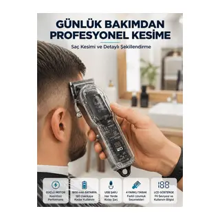 Şarjlı Saç Kesme Makinesi 4 Farklı Taraklı LCD Pil Göstergeli USB Şarjlı Profesyonel Erkek Tıraş Makinesi