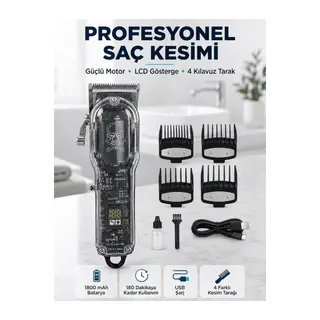 Profesyonel Erkek Tıraş Makinesi Güçlü Motorlu LCD Göstergeli 1800 mAh Bataryalı USB Şarjlı Saç Kesme Makinesi