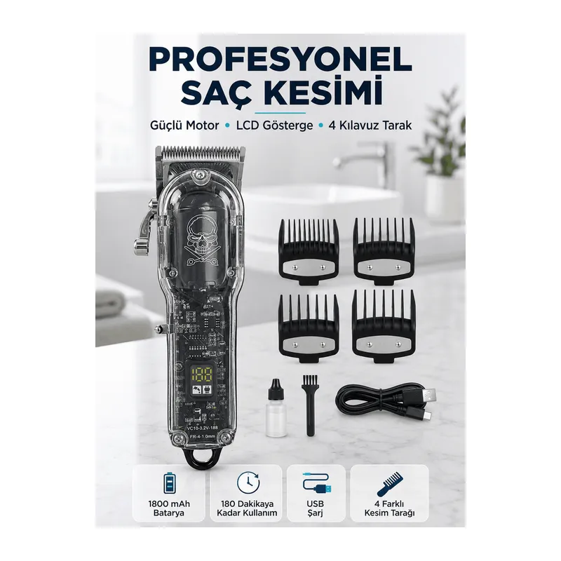 Profesyonel Erkek Tıraş Makinesi Güçlü Motorlu LCD Göstergeli 1800 mAh Bataryalı USB Şarjlı Saç Kesme Makinesi