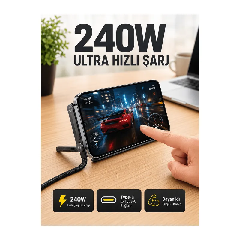 240W Type-C Telefon Standlı Örgülü Şarj ve Data Kablosu