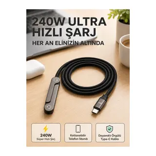 Örgülü 240W Type-C Katlanabilir Telefon Standlı Şarj Kablosu