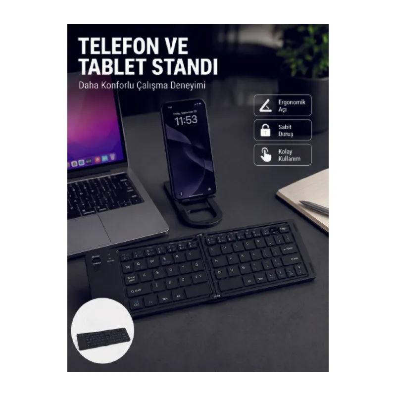 Bluetooth Katlanabilir Klavye USB-C Şarjlı 3 Cihaz Bağlantılı Taşınabilir Klavye