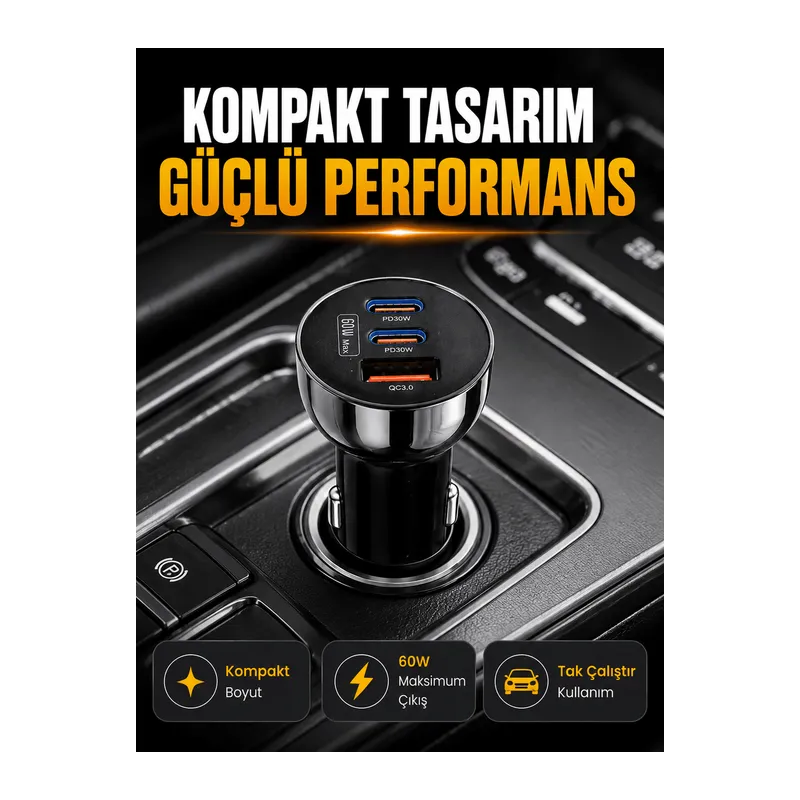 60W Araç İçi Hızlı Şarj Adaptörü Çift USB-C PD ve USB-A QC3.0