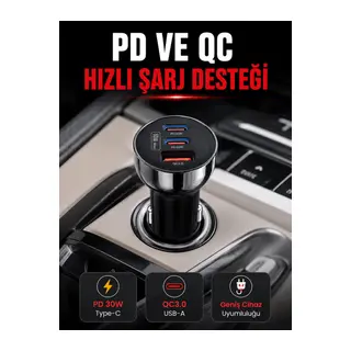 3 Portlu Araç İçi Şarj Adaptörü Çift PD Type-C ve QC3.0 USB Çıkışlı