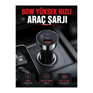 PD 30W Çift USB-C Araç Şarj Cihazı 60W Hızlı Şarj Adaptörü