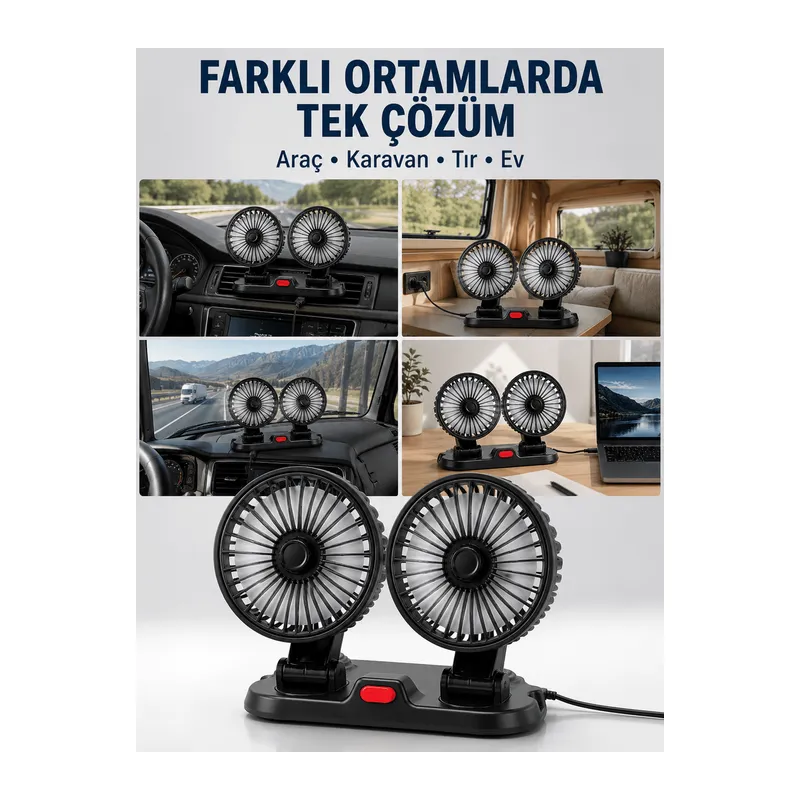 Araç, Karavan ve Tır İçin Çift Fanlı Mini Vantilatör