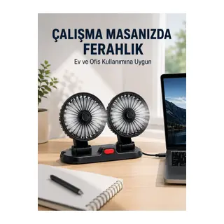Araç ve Ev Kullanımına Uygun Çift Başlıklı Masaüstü Vantilatör