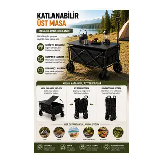 Katlanabilir Kamp Arabası Üst Tablalı 130 Kg Taşıma Kapasiteli Geniş Tekerlekli Çekçek