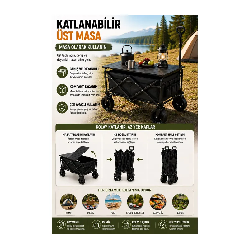 Katlanabilir Kamp Arabası Üst Tablalı 130 Kg Taşıma Kapasiteli Geniş Tekerlekli Çekçek