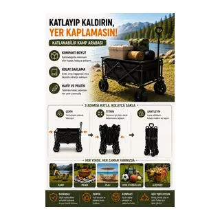 Katlanır Kamp Arabası 130 Kg Kapasiteli Üst Tablalı Kalın Tekerlekli Çok Amaçlı Taşıma Arabası