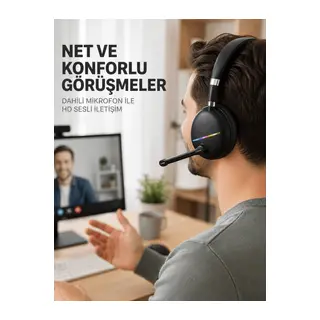 Bluetooth 5.0 Kablosuz Kulak Üstü Kulaklık Mikrofonlu RGB Aydınlatmalı