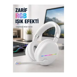 Bluetooth 5.0 Beyaz Kulak Üstü Kablosuz Kulaklık Mikrofonlu RGB Aydınlatmalı