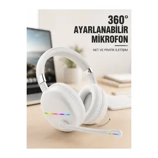 RGB Işıklı Mikrofonlu Bluetooth Kulaklık Beyaz Over-Ear Tasarım Type-C Şarjlı