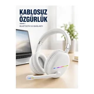 Kablosuz Bluetooth Mikrofonlu Beyaz Kulaklık RGB Işıklı