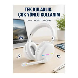 Beyaz Kablosuz Bluetooth Kulaklık Mikrofonlu Ergonomik Kulak Üstü Tasarım