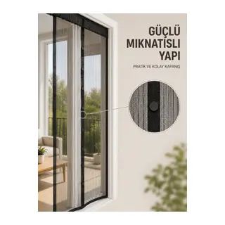 Otomatik Kapanan Mıknatıslı Sineklik Kapı Filesi Pratik Geçişli Siyah Model