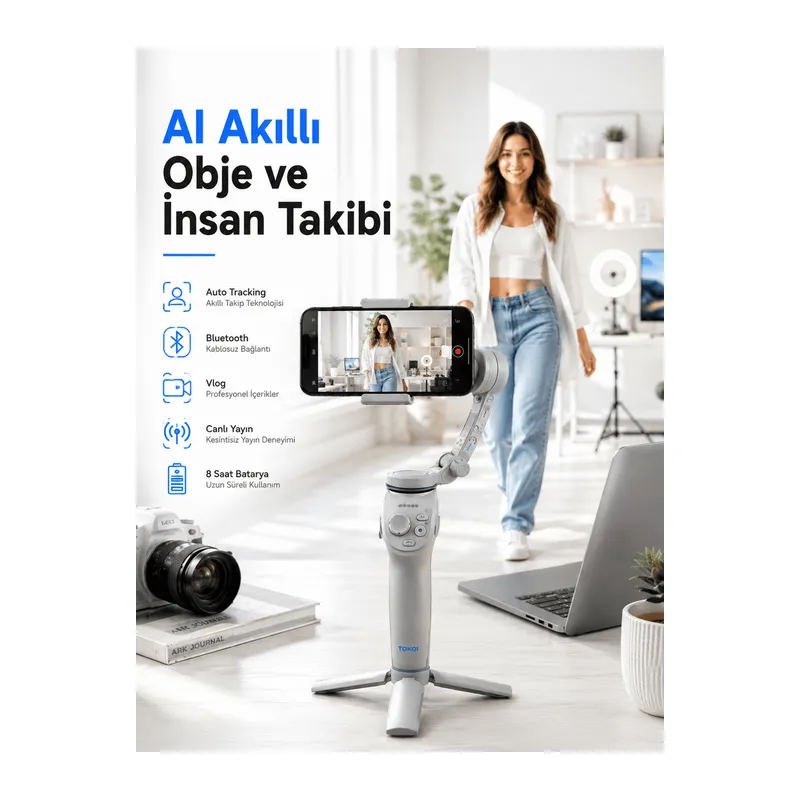 Yapay Zeka Takipli Telefon Gimbali Katlanabilir Tripod Bluetooth Kontrollü Dahili LED Işıklı