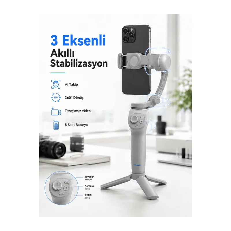 Profesyonel Telefon Gimbal Stabilizer 3 Eksen Sabitleme Çoklu Çekim Modları Uzun Pil Ömürlü Taşınabilir Tasarım