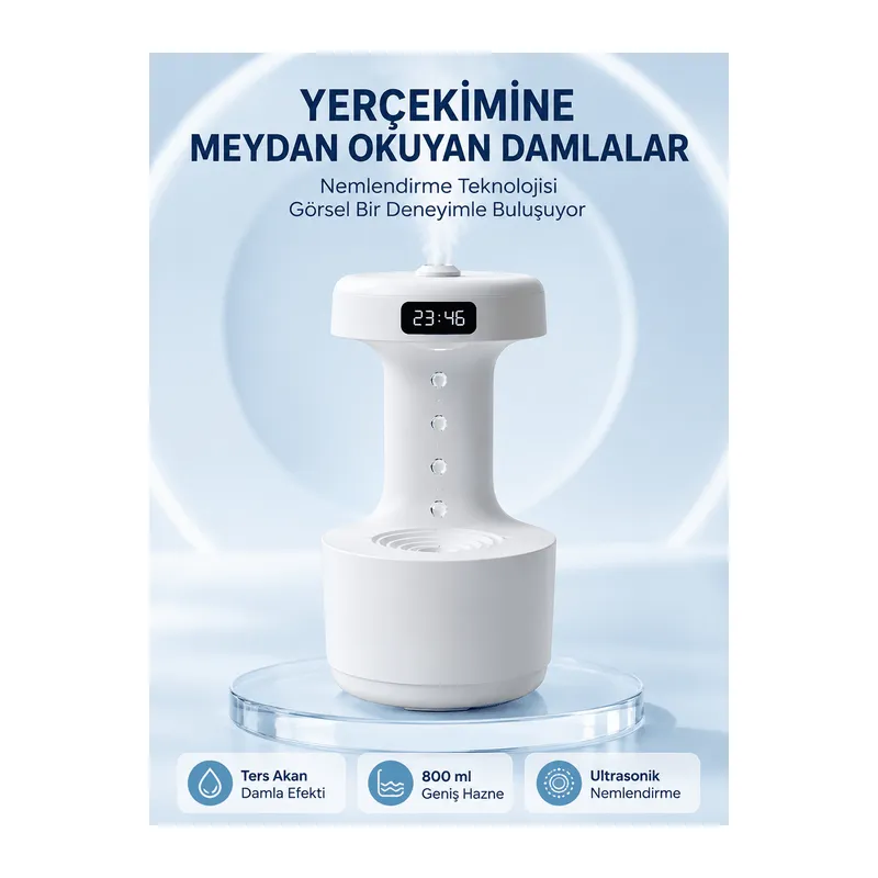 Dekoratif Hava Nemlendirici 800 ml Sessiz Aroma Difüzör Anti Yerçekimi Su Efektli