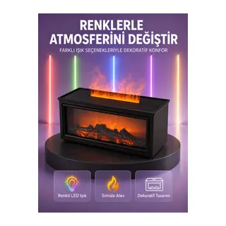 Şömine Görünümlü Hava Nemlendirici Renkli LED Işıklı Aroma Difüzörü