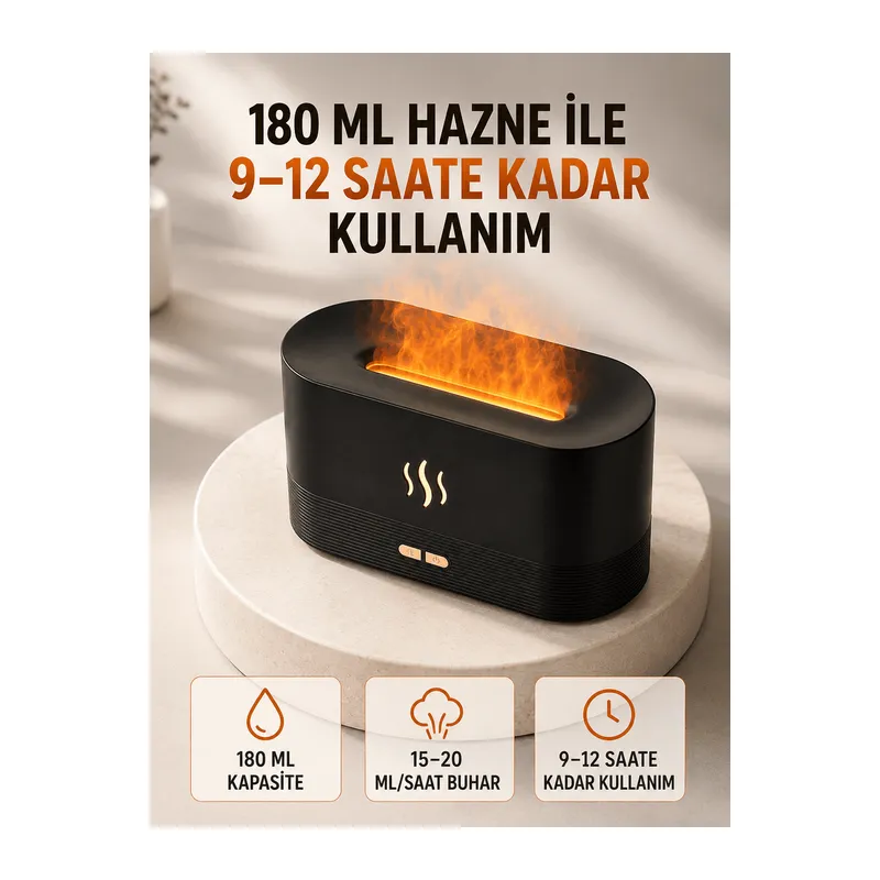 180 ML Alev Efektli Aroma Difüzörü Ultrasonik Buharlı Aromaterapi Cihazı