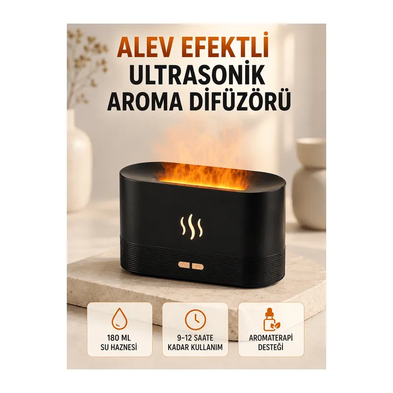 Ultrasonik Aromaterapi Difüzörü 180 ML Hazneli Dekoratif Alev Efektli Nemlendirici