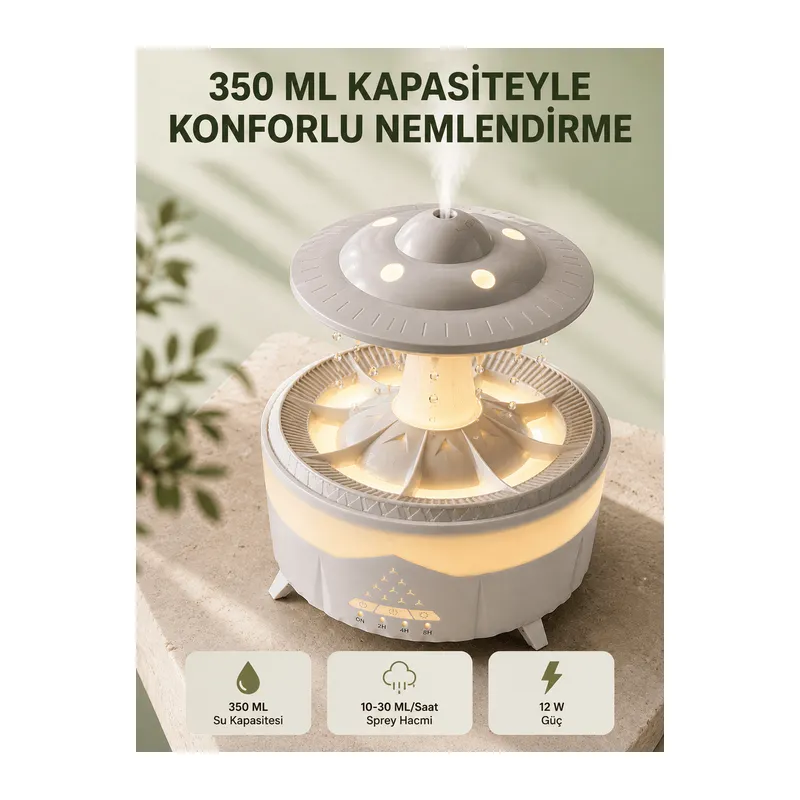 Dekoratif UFO Hava Nemlendirici Simüle Yağmur Damlalı Renkli Gece Işıklı 350 ML