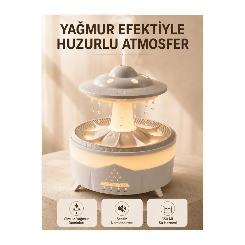 UFO Tasarımlı 350 ML Hava Nemlendirici Renkli Ortam Işığı Yağmur Efektli Difüzör