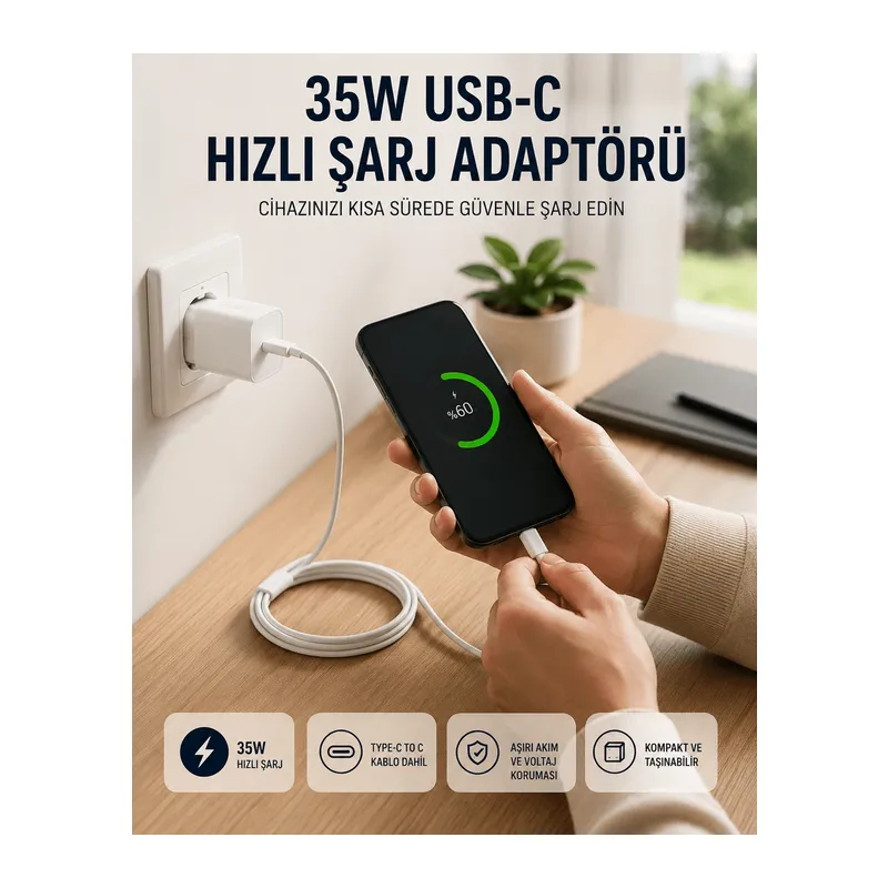 Type-C to C Kablolu 35W Hızlı Şarj Başlığı Set